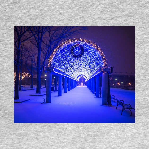 Christopher Columbus Park Trellis lit up for Christmas Snowstorm Boston MA Bench by WayneOxfordPh